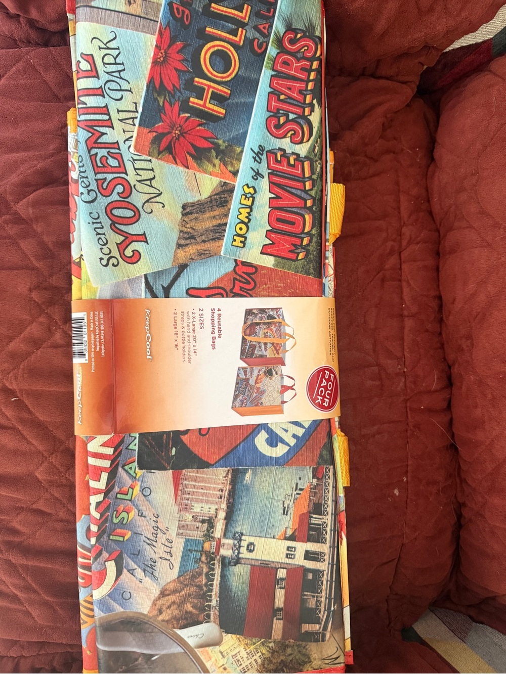 Reusable Foldable Tote Bag - Retro Postcard Print in Red & Multicolor - Picture 4 of 5